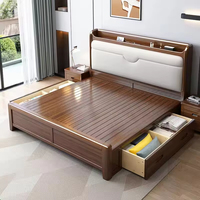 Lit double Queen/King en bois de caoutchouc durable et écologique, dossier souple, rangement haut, cadre en bois massif, plateforme de chambre à coucher