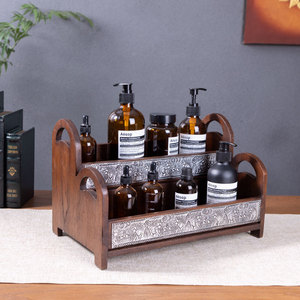 Boîte de rangement cosmétique en bois massif, double couche, design rétro, pour salle de bain, bureau, organisateur de maquillage avec incrustation métallique - Product Image 4