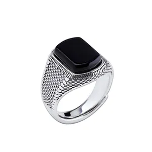 Hailer joyas vintage square silver large adjustable 925 sterling silver gemstone rings with black onyx stone