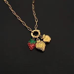 Collier EManco style Y2K en acier inoxydable couleur or avec pendentifs fraise, piment et cerise – Bijou de mode décontracté - Product Image 4