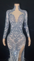 Robes de soirée longues grises à fente sexy avec diamants étincelants pour femmes grandes tailles, idéales pour les fêtes - Livraison directe