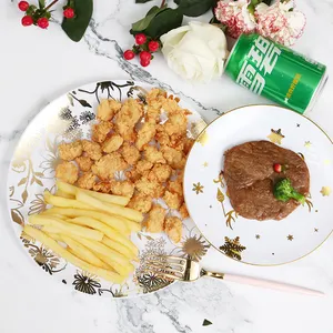 Gold Plastik-Schneidengeschirr-Set mit weißem Griff Feiertag Plastikteller für Party-Geschirr-Set Abendessen Geschirrteller