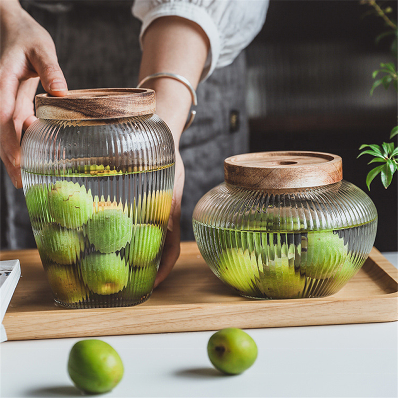 Grote Capaciteit Hermetische Augurk Voedsel Jam Glazen Opslagpot Hoge Borosilicaat Acacia Hout Voedsel Glazen Pot