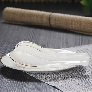 高品质透明骨瓷汤和晚餐勺子纯白金边小/大尺寸陶瓷品尝勺子
