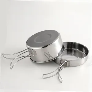 Hiking Camping Mess Kit Cookware Set Stainless Steel Camping Pot Fly Pan With Folding Handle