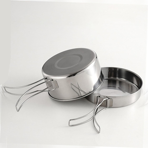 Hiking Camping Mess Kit Cookware Set Stainless Steel Camping Pot Fly Pan With Folding Handle