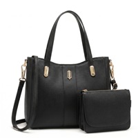 Set Tas Tote 2-in-1 Wanita Custom Logo Grosir - Tas Tangan Kulit PU Gelap dengan Tali Kontras Beige & Kantong Resleting Senada