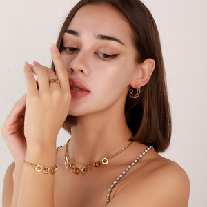 Double Layer Wear <strong>Gold</strong> Necklace Fashion Stainless Steel Diamond <strong>Costume</strong> <strong>Jewelry</strong> Necklace and Earring 4PCS <strong>Jewelry</strong> Sets Wholesale - Product Image 1
