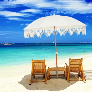 Guarda-chuva de madeira para praia, guarda-chuva portátil luxuoso com franja, ao ar livre, pátio com borlas