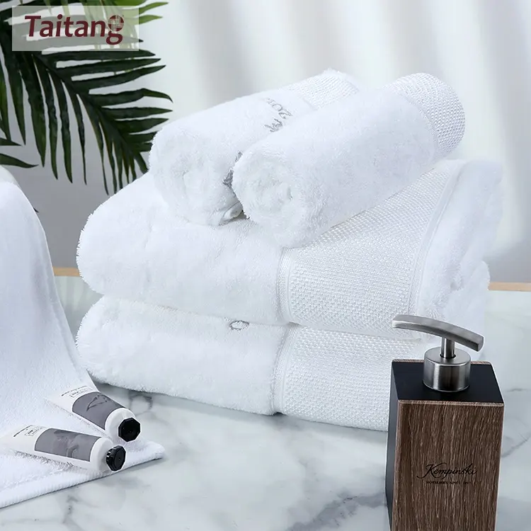 Toptan Taitang otel keten özel havlu işlemeli Logo beyaz pamuk banyo havlusu 70 140