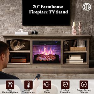 Meuble TV SENYU Farmhouse 70'' avec foyer électrique 23'' et étagères réglables, console multimédia avec rangement - Product Image 4