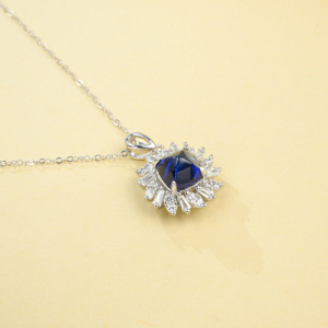 925 <b>Silver</b> Pillow shaped Sapphire Pendant with Sunflower Encircled Clavicular <b>Chain</b> - Product Image 2