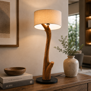 Lampe de sol en racine de teck avec abat-jour en forme de tambour, commande tactile, lumière blanche neutre, base en bois, design Wabi-Sabi, décoration d'intérieur - Product Image 6