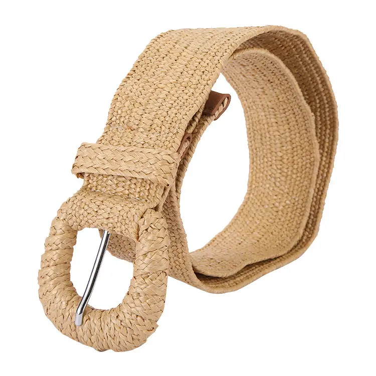 Round Gold Metal Buckle Cinch Belt Beige Braided Cord Belt Size L XL 41 un stretched Metallic Beige Elastic Faux Pearl Strings Belt