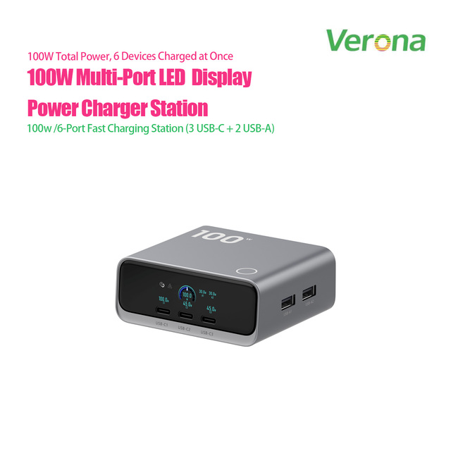 Multi-Port USB-C Charger Station 100W GaN Desktop Charging Hub Digital Display LED Indicator Fast Charge Multiple Devices