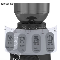 Moulin à café à faible bruit avec meules en acier inoxydable de 64 mm |   150W 3Nm Couple élevé |   Dosage précis à la seconde près (0,1 g) |   320g Lock Hopper |   Prêt CE