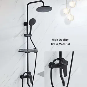 Black Round Hand Shower and Shelf Complete Shower System Set Height Adjustable Stainless Steel Shower Fitting Bathroom Mixer Set