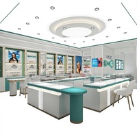 Vitrine de présentation haut de gamme pour bijoux et lunettes, design îlot, dimensions personnalisables, blanc/vert sarcelle, avec compartiment de rangement pour mobile