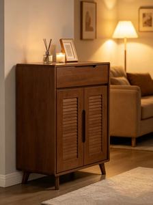 New Arrival Walnut Wood Shoe Cabinet with <b>Drawer</b> & Louvered Doors for Mid-Century Modern Entryway - Product Image 4
