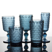 Verre à vin bleu fumé vintage à motif floral diamanté en relief, gobelet texturé sur pied et verre sans pied pour la décoration de table de mariage