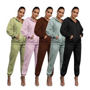 Vente en gros Ensemble de jogging zippé 2 pièces pour femmes avec impression de logo personnalisé Sweatshirts à capuche et Sweats à capuche pour la saison d'automne Style décontracté - Product Image 1