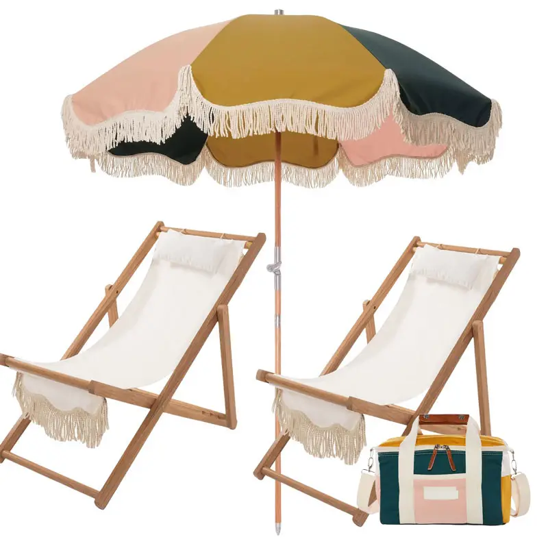 Nouveau parasol de plage en toile personnalisé Camping Travel Essentials avec glands à franges en coton, chaises longues d'extérieur portables, refroidisseurs
