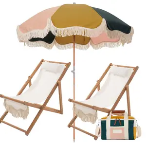 Payung pantai kanvas esensial perjalanan Kemah kustom baru dengan rumbai pinggiran katun, kursi panjang luar ruangan portabel, pendingin