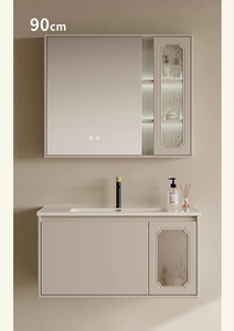 Mueble de baño suspendido con espejo LED táctil, acabado en barniz, vidrio esmerilado, gabinete de almacenamiento y lavabo integrado, personalizado para el hogar - Product Image 5