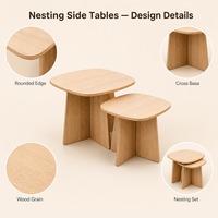 Ensemble de tables basses gigognes en bois, 2 plateaux carrés arrondis, base croisée, design moderne et minimaliste durable pour la décoration du salon et de la chambre