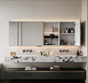 Customized Dark Wooden Double Sink Bathroom Cabinet with LED Mirror Storage Drawers and Open Shelves for Home Bathroom Organizer - Product Image 4