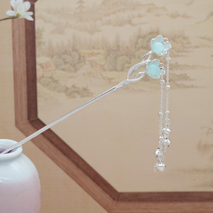 Épingle à cheveux <span class=keywords><strong>vintage</strong></span> à double fleur avec cloche de jade et pompon élégant à franges Épingle à cheveux polyvalente de style ancien - Product Image 5