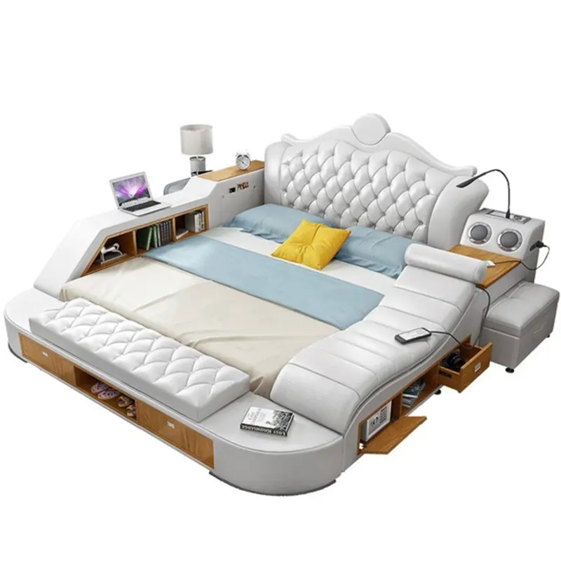 Luxurious Modern Leather Message Bed Smart Sofa Bed Multimedia Speaker USB Charger Bedroom Furniture