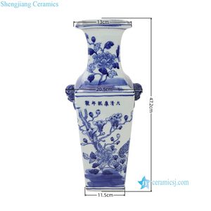 <span class=keywords><strong>Vaso</strong></span> Quadrato in Porcellana Bianca e Blu Kangxi Dipinto a Mano Tradizionale di Jingdezhen RZSC19-B con Manici a <span class=keywords><strong>Testa</strong></span> di Bestia, Cotto ad Alta Temperatura - Product Image 2