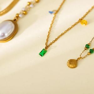 Bracelet chic plaqué or 18 carats avec strass vert simple et collier couteau, bijoux en acier inoxydable 304 pour femmes élégantes - Product Image 2