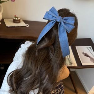 Korean retro denim blue <b>bow</b> hair <b>clip</b> with gold label banana <b>clip</b> shark <b>clip</b>, fashionable hair tie hair accessory for women. - Product Image 1