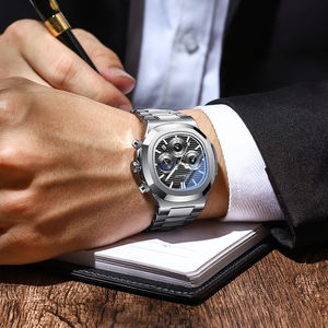 Montres <span class=keywords><strong>chrono</strong></span> pour hommes personnalisées à la mode de luxe avec breloque en acier inoxydable 40mm mouvement à quartz étanche Phase de lune - Product Image 5