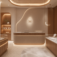 Meuble de présentation sur mesure pour bijouterie en bois naturel, éclairage LED moderne et luxueux, solution écologique pour l'aménagement complet de la boutique