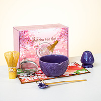 Ensemble de thé matcha 7 pièces, bol à matcha en céramique rose avec bec verseur, fouet en bambou, support pour fouet, cuillère, tamis, ensemble cadeau fleur de cerisier