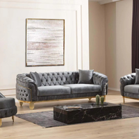 Vente en gros de canapés de salon Chesterfield en velours gris de luxe de style contemporain avec pieds dorés et dossier à boucle capitonnée