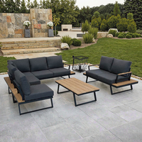 Ensemble de canapés d'extérieur au design moderne 7 places avec cadre en aluminium et table basse en bois de teck, meubles de patio pour jardin et hôtel