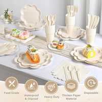 Assiettes en papier festonnées jetables personnalisables avec logo, vaisselle compostable couleur ivoire pour mariage, douche nuptiale, anniversaire
