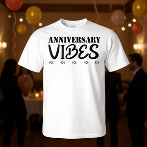 T-shirt Anniversary Vibes bianca girocollo unisex per adulti taglia SMLXLXXL - Product Image 1