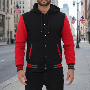 Veste universitaire unisexe rouge et noire, style baseball, décontractée, personnalisable, en tissu polaire coupe-vent, écologique, sérigraphiée - Product Image 1