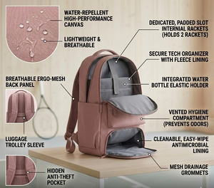 OEM Custom Dusty Rose Women Pickleball Bag Waterproof Large Capacity <b>Backpack</b> with Anti-Odor Shoe Compartment 2 Racket Slots - Product Image 4