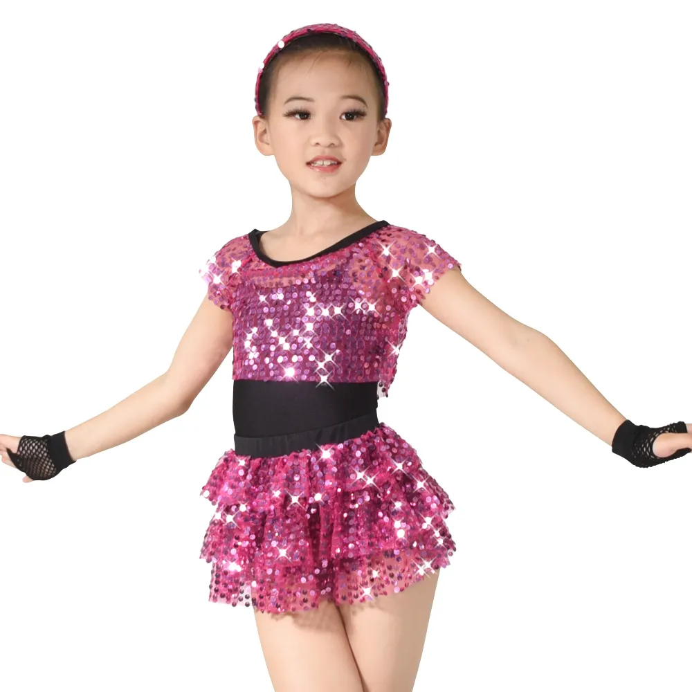 Midee Jazz Dance Outfits Pailletten Banden Dansjurk Tap Kostuum Mailloton Crop Top Rok Hoofdband Visnet Handkleding