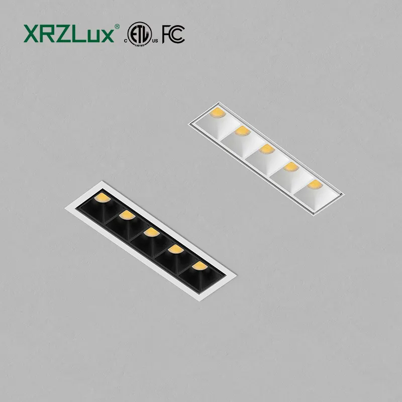 XRZLux 핫 세일 ETL LED 매입형 통 5 등 12W 내장 직사각형 긴 스트립 라인 그릴 스포트라이트 LED 천장 램프