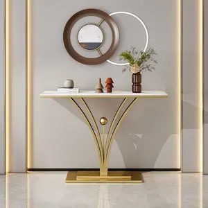 Mesa de console retangular dourada para entrada, mesa de aço com folheado de metal e mármore, novidade da China, novidade de 2024