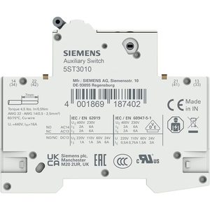 สวิตช์เสริมซีเมนส์ รุ่น 5ST3010 1NO+1NC แบบติดตั้งบนราง Din สำหรับงานอุตสาหกรรม IP20 พลาสติก 50/60 Hz - Product Image 2