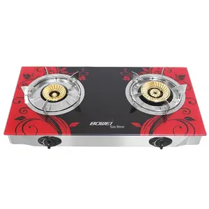 Household glass top gas stove with double 90mm brass burner