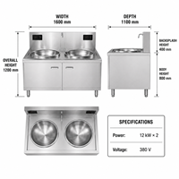 Cuisinière à induction double wok professionnelle en acier inoxydable, 2 brûleurs, avec armoire pour cuisine de restaurant